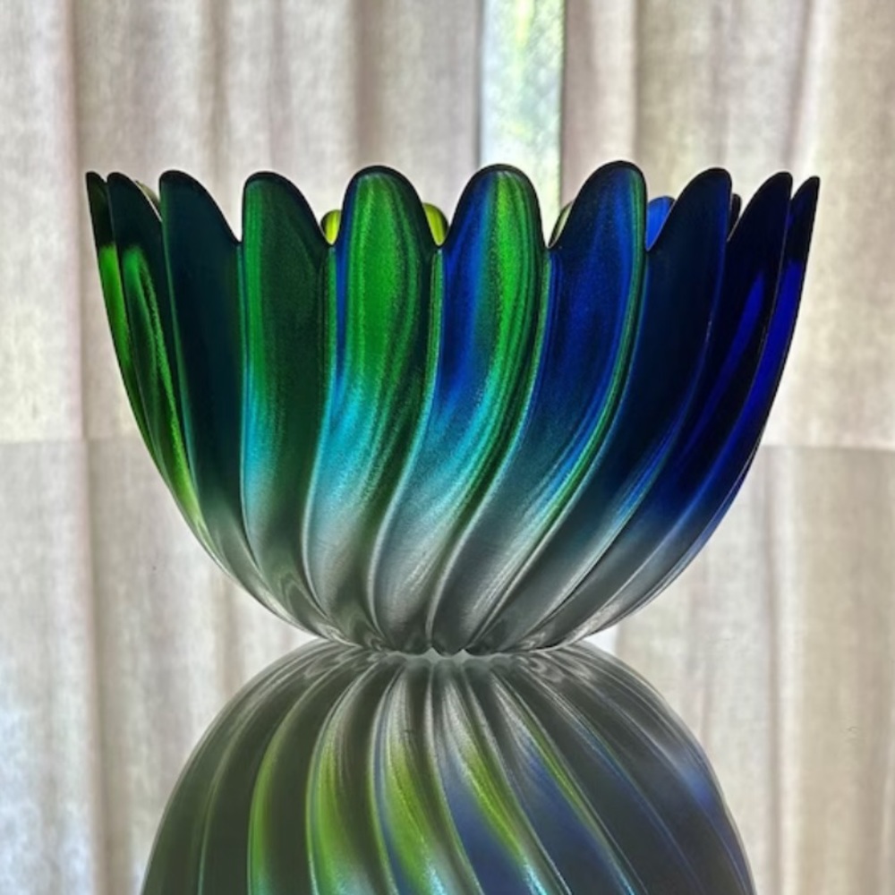Vintage Studio Nova Swirl Solaris Blue Green Petal Art Glass Bowl Signed